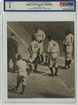 1932 Photo of Babe Ruth and Lou Gehrig - Showing Ruth Crossing Home Plate After the Famous "Called Shot" Homer in World Series Game 3 - PSA/DNA Type I
